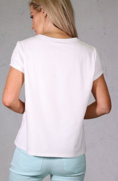 DECK BY DECOLLAGE - WHITE COTTON T-SHIRT WITH COLOURED PRINT DETAILING