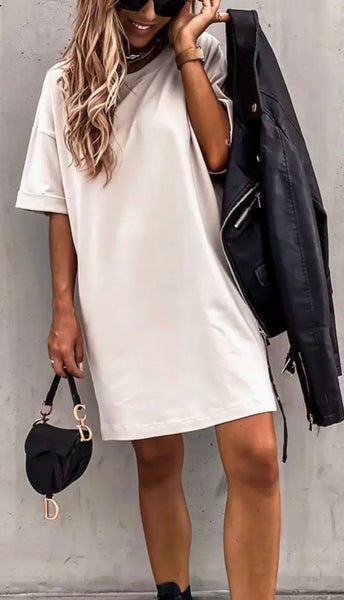 THE BOUTIQUE - BEIGE OVERSIZED TUNIC T-SHIRT TOP