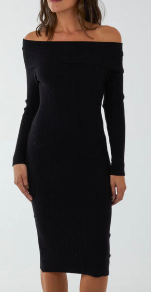 THE BOUTIQUE - RIBBED STRAIGHT NECK BODYCON DRESS