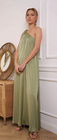 THE BOUTIQUE - OLIVE SATIN BOW DETAIL LONG DRESS
