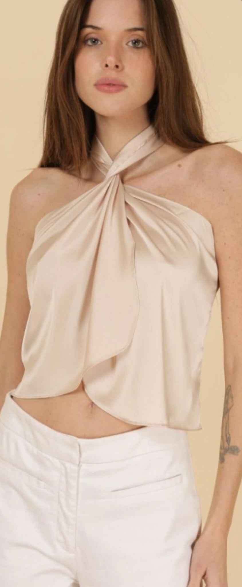 THE BOUTIQUE - CHAMPAGNE HALTER NECK SATIN TOP