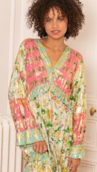 THE BOUTIQUE - MINT AND PINK LONG BOHEMIAN PRINT DRESS