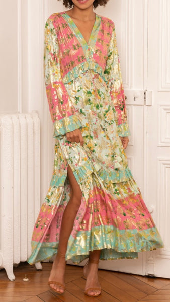 THE BOUTIQUE - MINT AND PINK LONG BOHEMIAN PRINT DRESS