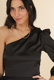 THE BOUTIQUE - BLACK SATIN ASYMETRIC CROP TOP (PRE ORDER)