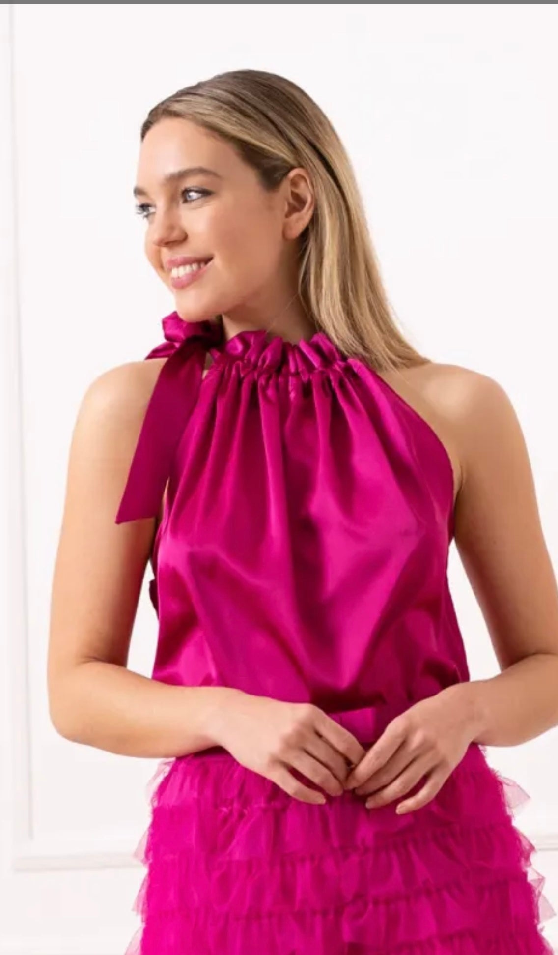 THE BOUTIQUE- FUCHSIA PINK SATIN TOP (PRE ORDER)